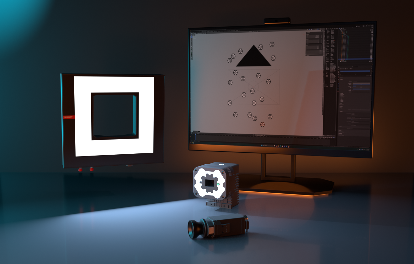 Diagram: a ring-lit machine vision camera imaging a part and producing a test image