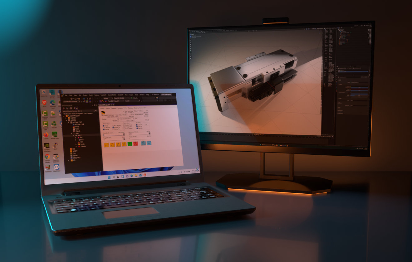 Laptop running TwinCAT motion control beside a monitor showing a linear slide model in Blender