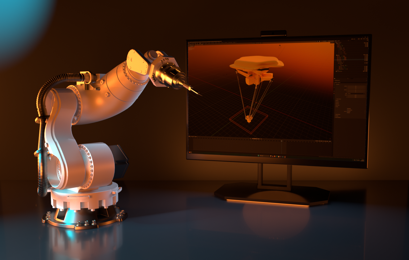 Six-axis industrial robot arm beside a monitor showing a delta robot model in Blender